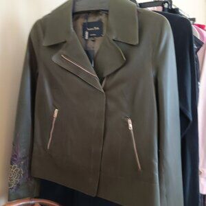 Massimo Dutti Women's Rich Green Leather Jacket with Plum & Golden Tan